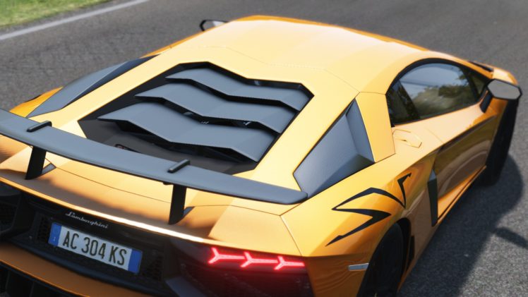 Assetto Corsa, Lamborghini Aventador LP750 4 SV, Nordschleife, Rear view, Car HD Wallpaper Desktop Background