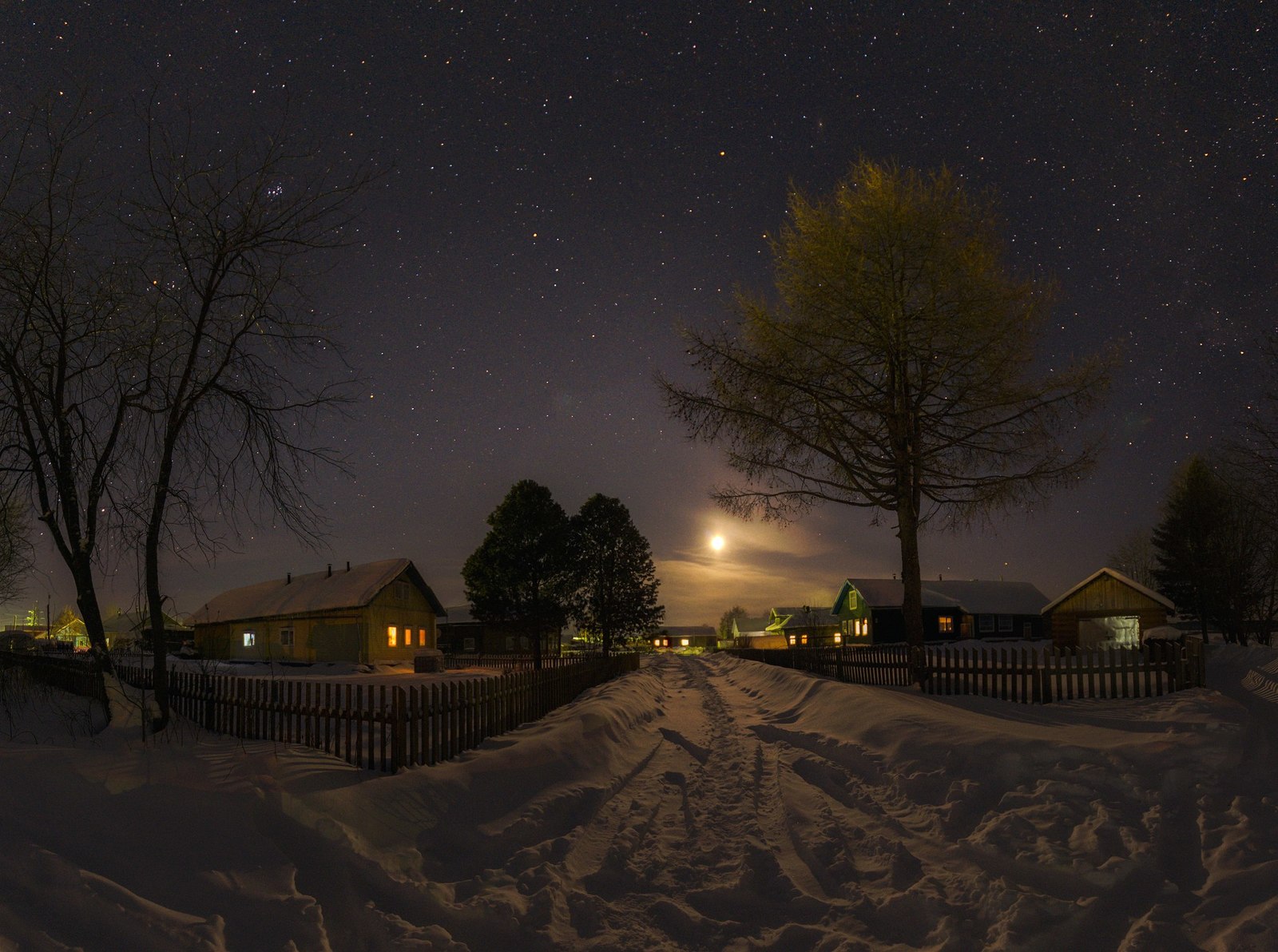 nature, Landscape, Winter, Snow, Russia, Moon, Stars, House, Village, Trees, Night Wallpaper