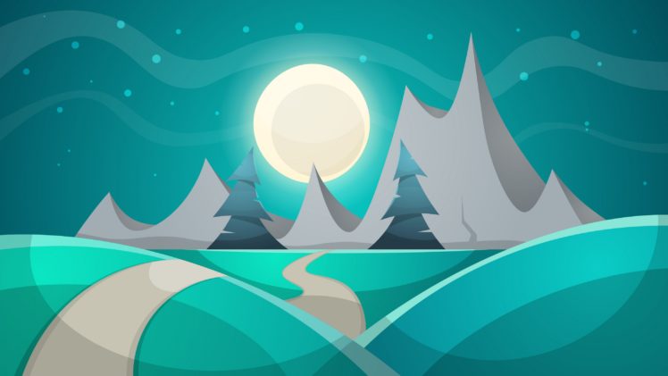 nature, Landscape, Winter, Snow, Moon, Digital art, Minimalism, Trees HD Wallpaper Desktop Background
