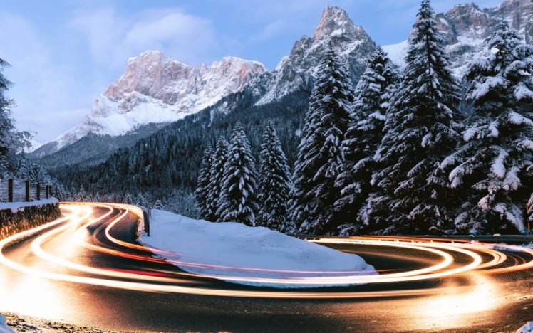 nature, Landscape, Winter, Snow, Road, Long exposure, Trees, Forest, Pine trees, Mountains, Light trails HD Wallpaper Desktop Background