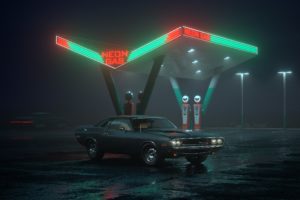 Dodge Challenger R T, Car, Neon, Gas stations