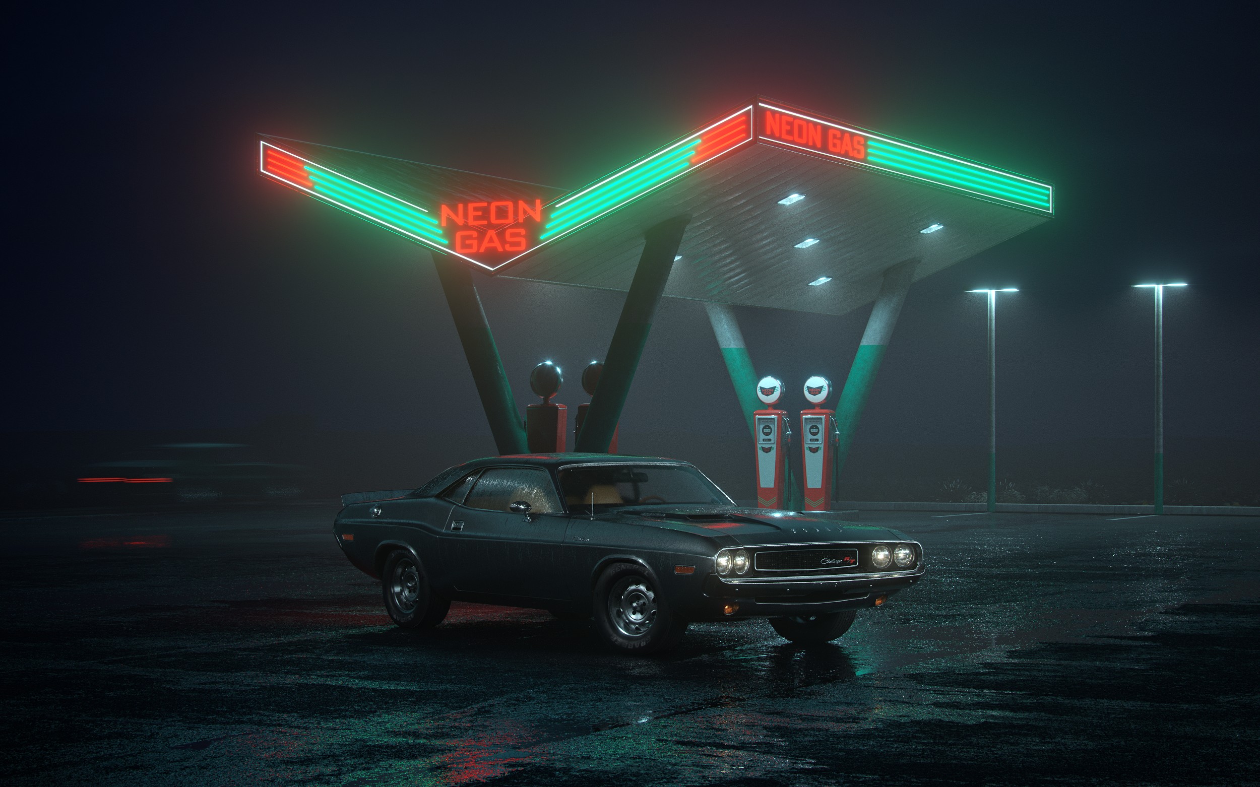 Dodge Challenger R T, Car, Neon, Gas stations Wallpaper