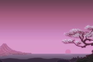 minimalism, Digital art, Trees, Sun, Simple background, Japan