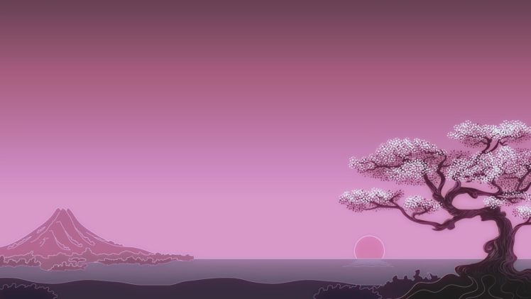 minimalism, Digital art, Trees, Sun, Simple background, Japan HD Wallpaper Desktop Background