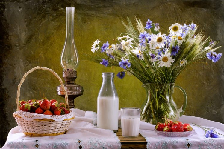 still life, Food, Strawberries, Flowers, Milk, Fruit HD Wallpaper Desktop Background