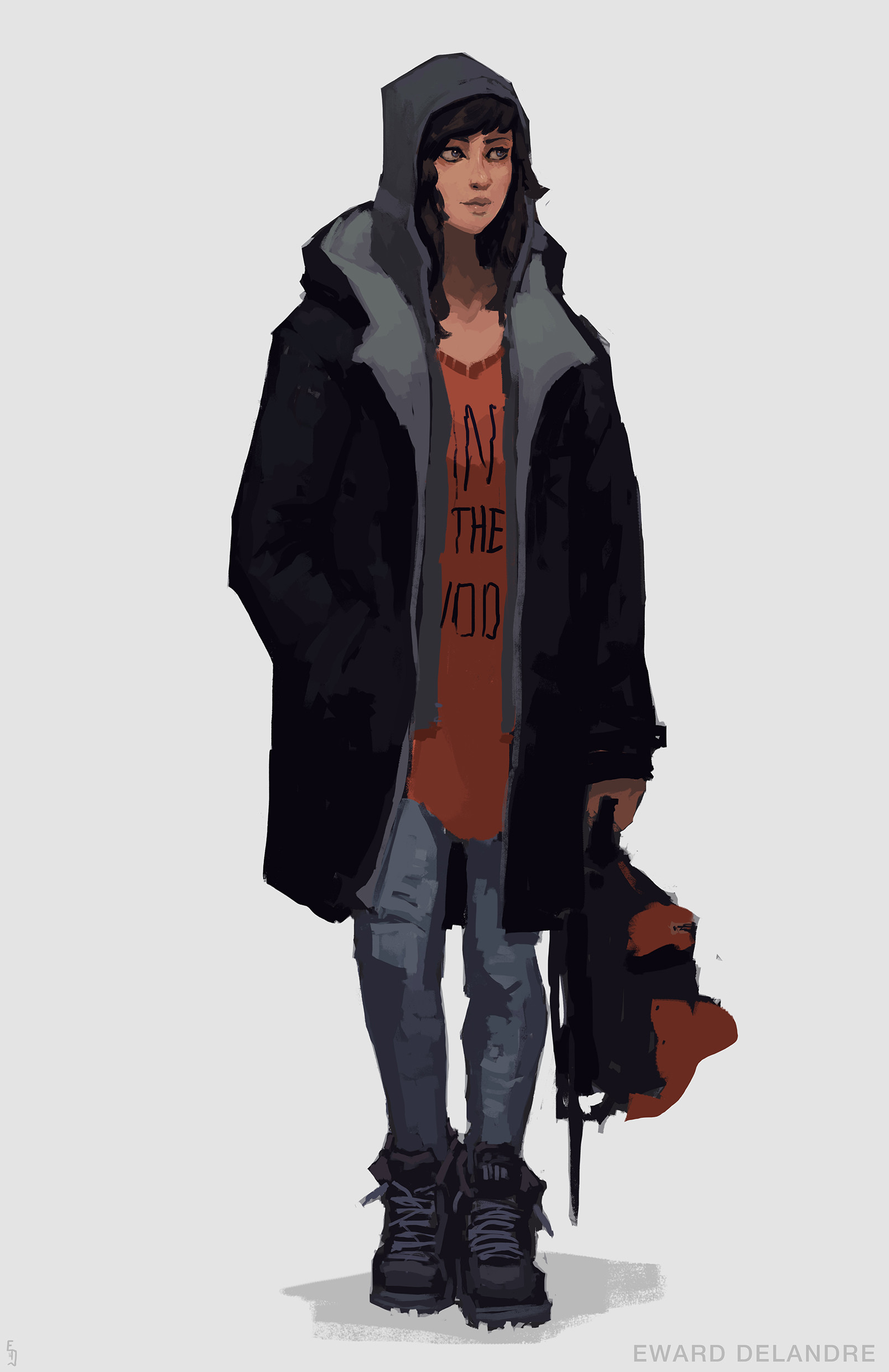 women, Hood, Backpacks, Edward Delandre, Drawing Wallpaper