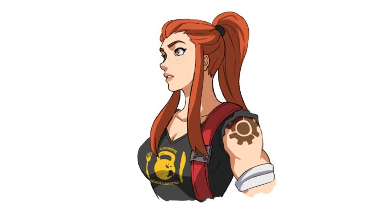 women, Long hair, Redhead, Ponytail, Freckles, Video games, Overwatch, Tattoo, Brown eyes, Brigitte (Overwatch), Simple background HD Wallpaper Desktop Background