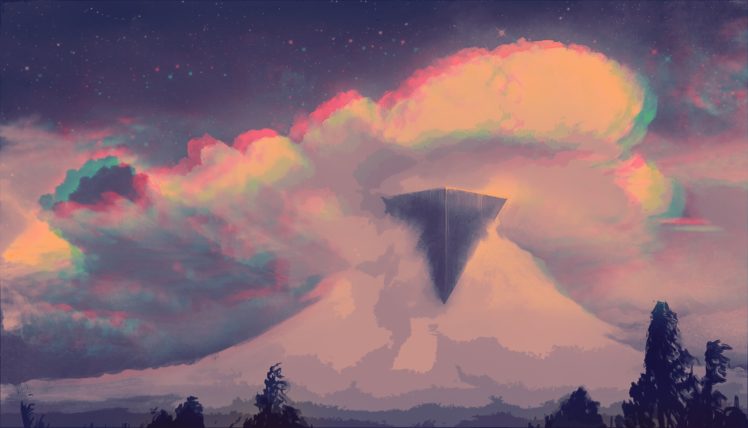 triangle, Clouds, Glitch art, Mountain glitch, Sky, Paisaje erroneo HD Wallpaper Desktop Background