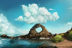 artwork, Nature, Sea, Beach, Rock, Rocks, Clouds