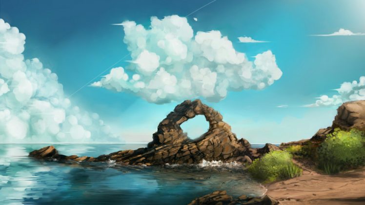 artwork, Nature, Sea, Beach, Rock, Rocks, Clouds HD Wallpaper Desktop Background