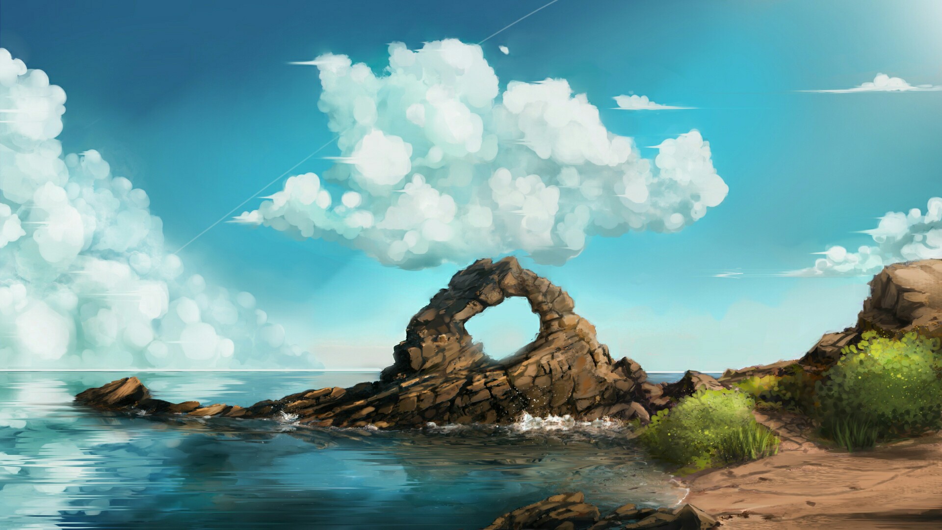 artwork, Nature, Sea, Beach, Rock, Rocks, Clouds Wallpaper