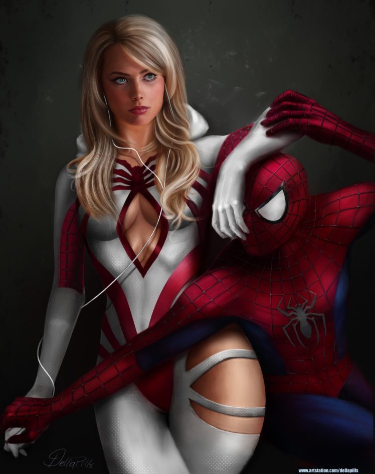 Margot Robbie, Spider Gwen, Spider Man, Illustration, Drawing, Redesign, Marvel Comics HD Wallpaper Desktop Background