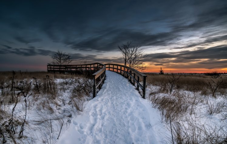 nature, Sky, Winter, Snow, Path, Bridge HD Wallpaper Desktop Background