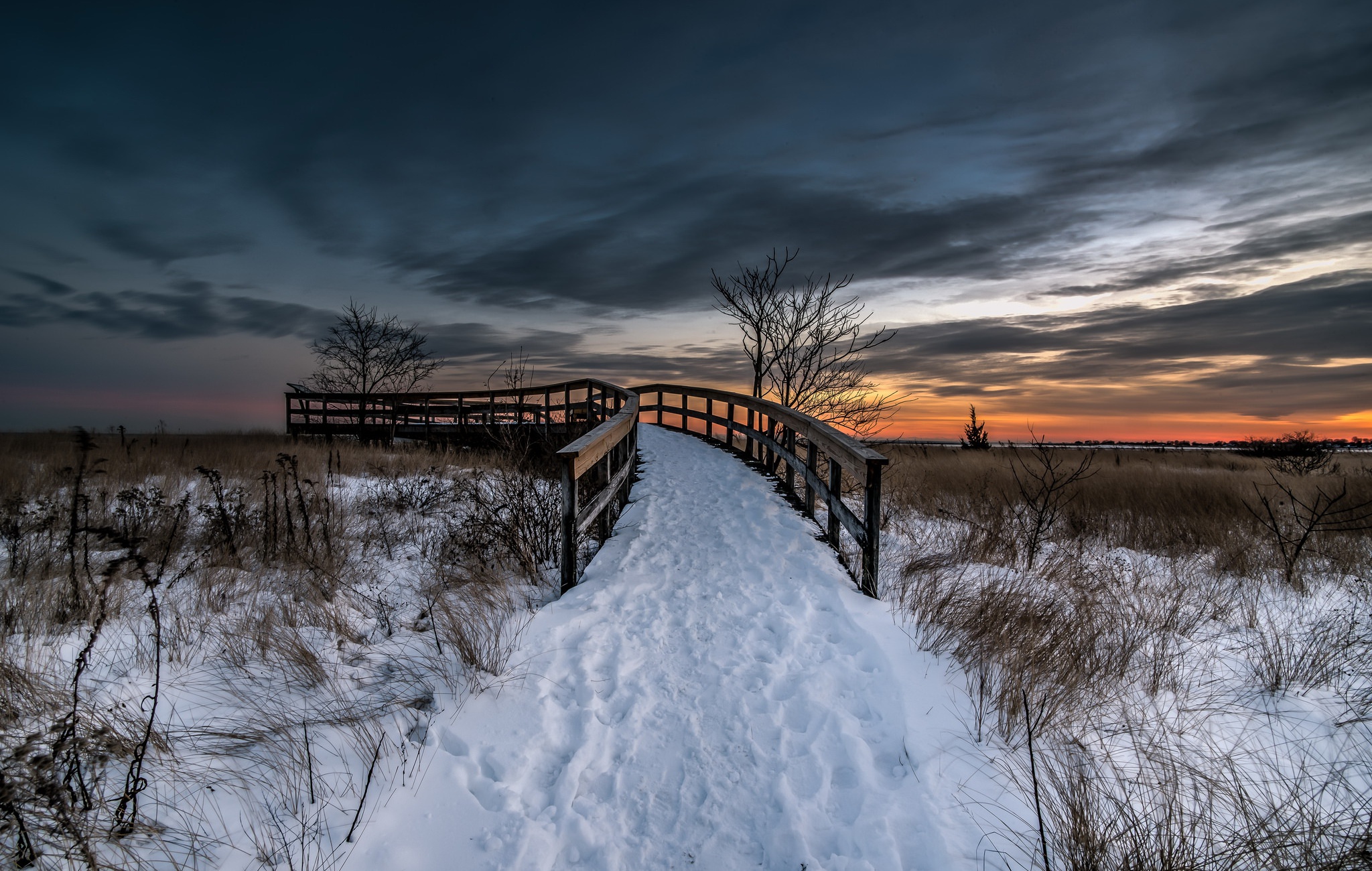 Nature Sky Winter Snow Path Bridge Wallpapers Hd Desktop And