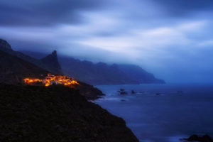 nature, Landscape, Water, Mist, Tenerife, Rock, Cliff, Coast, Evening, Village, Sea, Lights, Long exposure