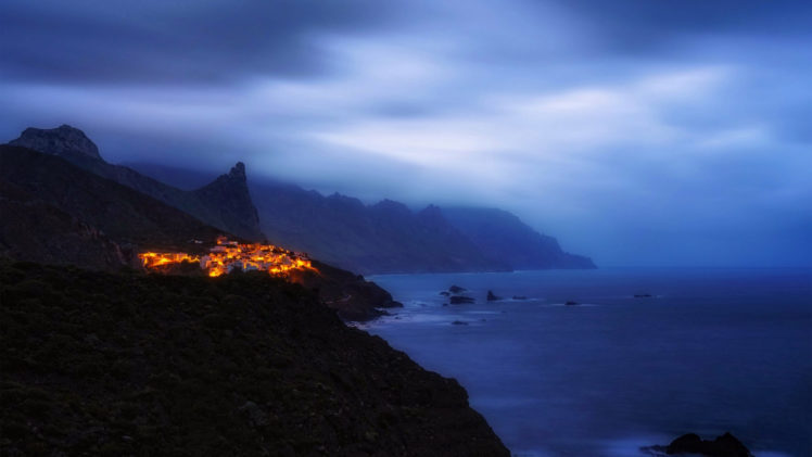 nature, Landscape, Water, Mist, Tenerife, Rock, Cliff, Coast, Evening, Village, Sea, Lights, Long exposure HD Wallpaper Desktop Background