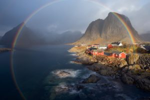 nature, Landscape, Water, Trees, House, Norway, Rainbows, Mountains, Fjord, Rock, Sea, Village, Mist, Circle