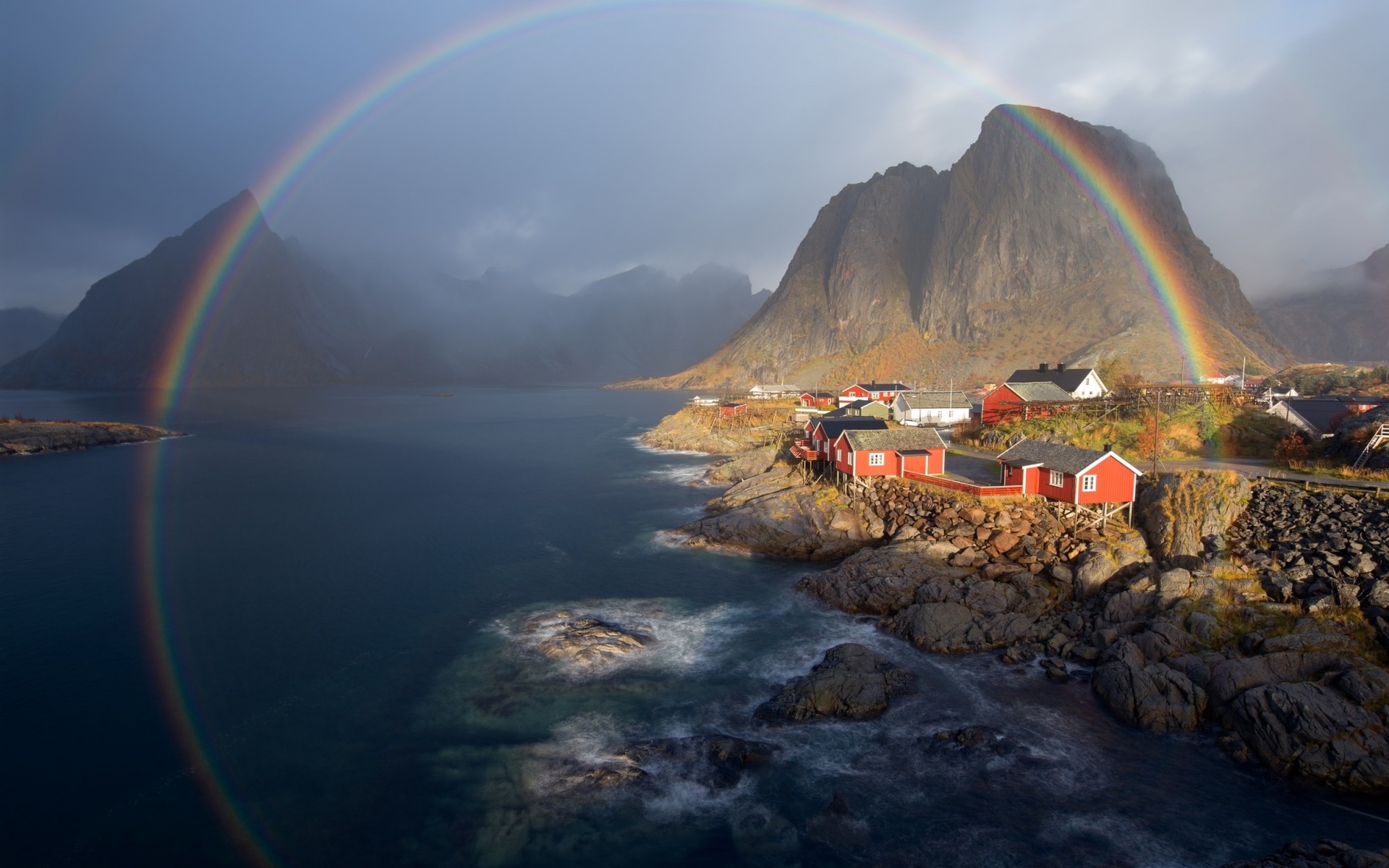 nature, Landscape, Water, Trees, House, Norway, Rainbows, Mountains, Fjord, Rock, Sea, Village, Mist, Circle Wallpaper
