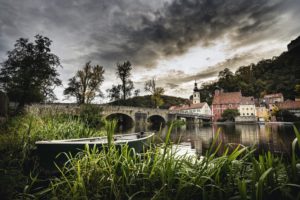 village, Grass, River, Bridge, Boat