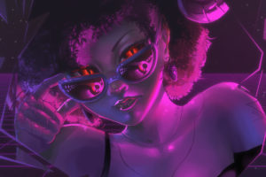women, Original characters, Hiago Ferreira, Looking at viewer, Women with glasses, Face, Bare shoulders, Short hair, Artwork, Synthwave, Cyberpunk, Closeup, Hat, No bra, Reflection, Necklace, Neon