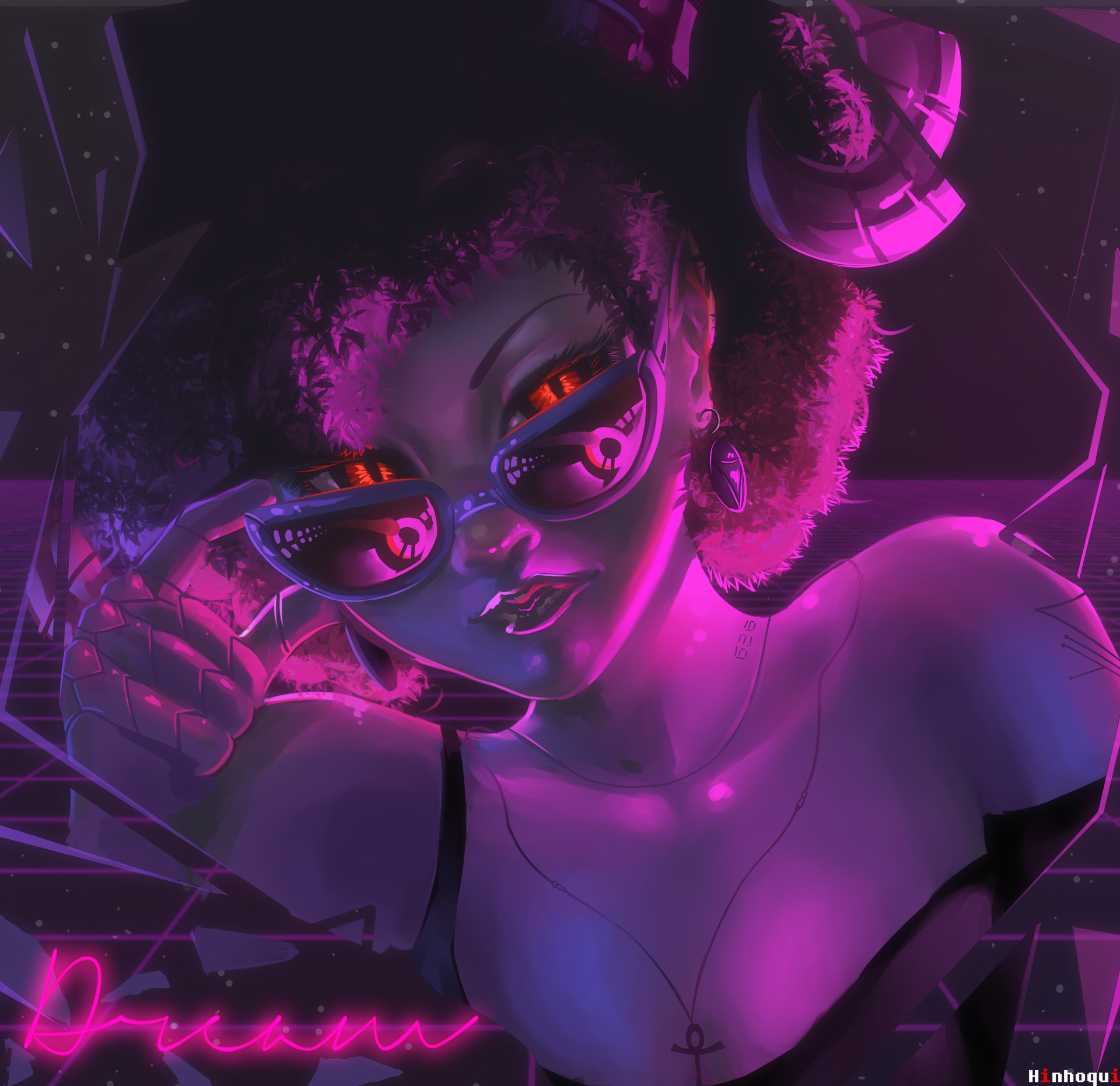 women, Original characters, Hiago Ferreira, Looking at viewer, Women with glasses, Face, Bare shoulders, Short hair, Artwork, Synthwave, Cyberpunk, Closeup, Hat, No bra, Reflection, Necklace, Neon Wallpaper