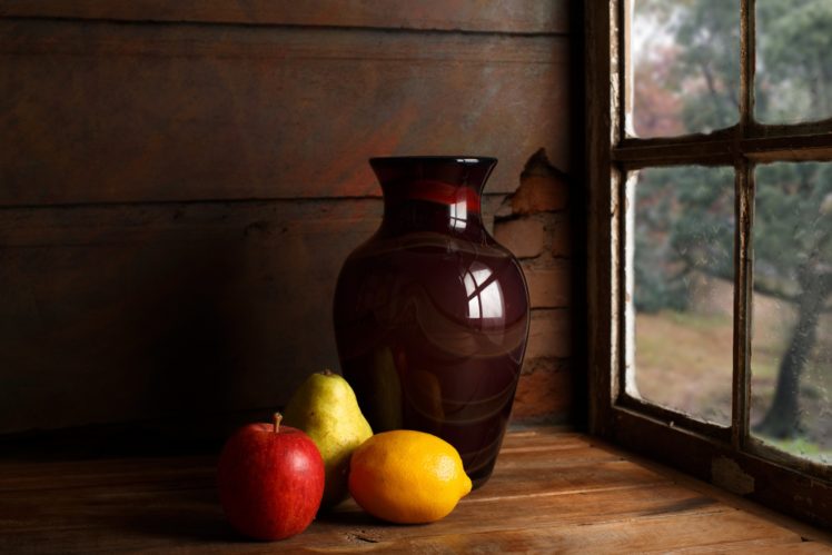 still life, Window, Vases, Fruit HD Wallpaper Desktop Background