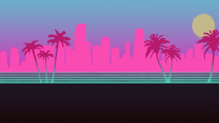 vaporwave, Cityscape, Palm trees HD Wallpaper Desktop Background