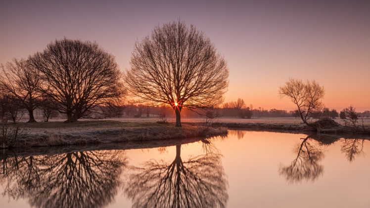 sunrise, Landscape, Reflection, Trees, Water HD Wallpaper Desktop Background
