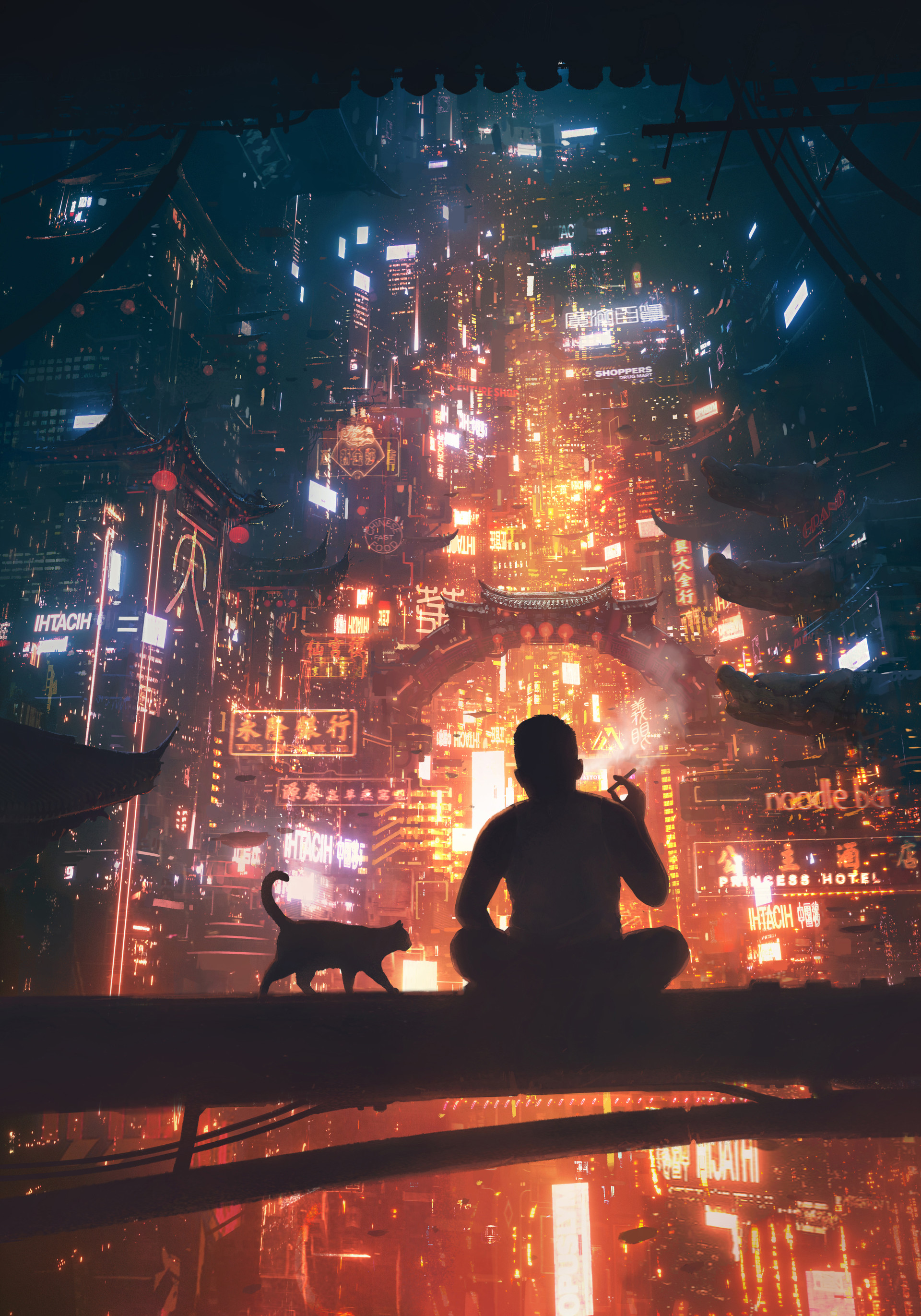 daniel liang, China, City, Cyberpunk, Cigarettes, Cat