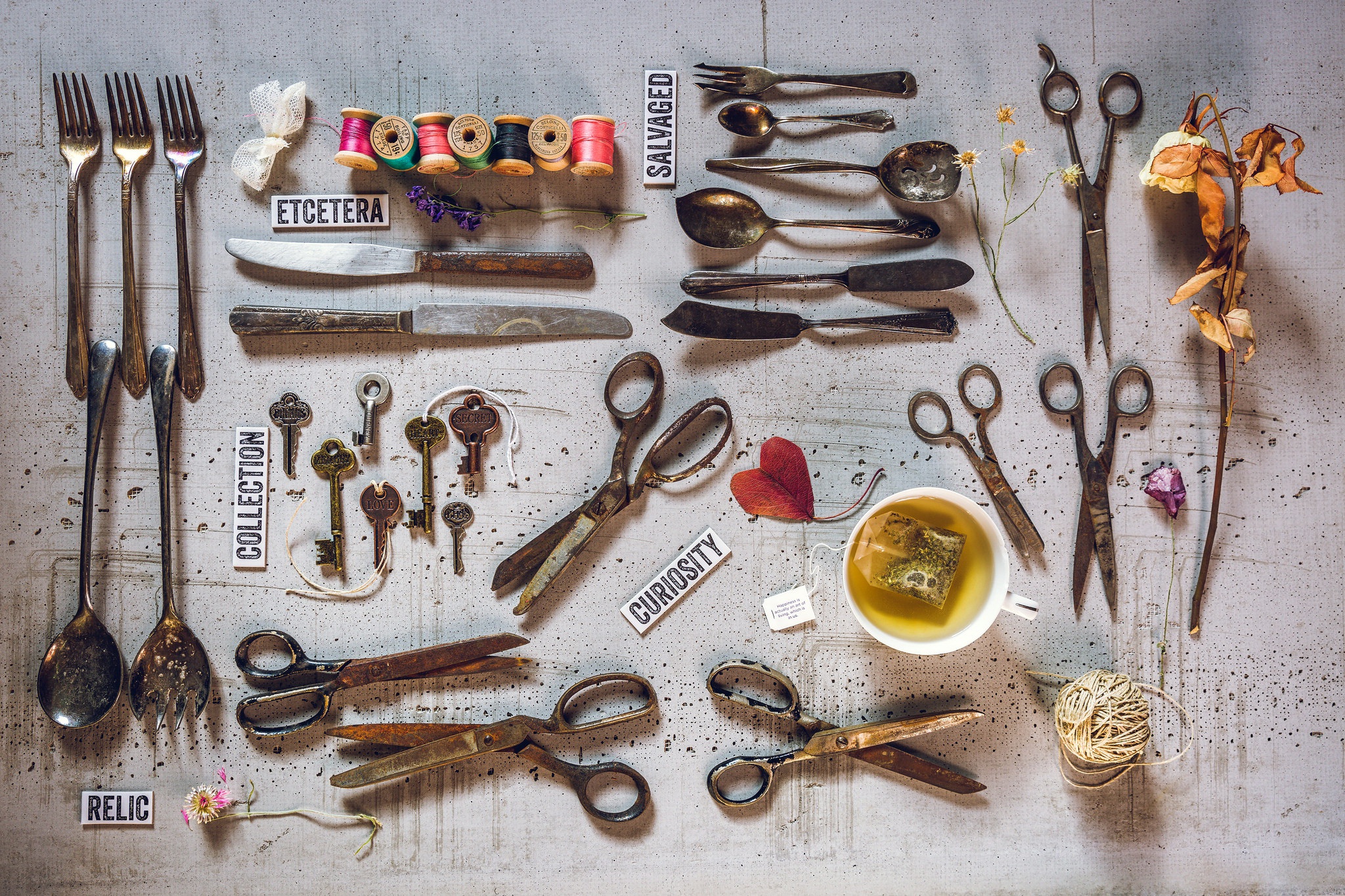 scissors, Fork, Collage, Tea, Spoon, Metal Wallpaper