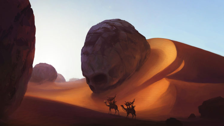 desert, Camels, Skull, Dune, Fantasy art, Artwork, Digital art HD Wallpaper Desktop Background