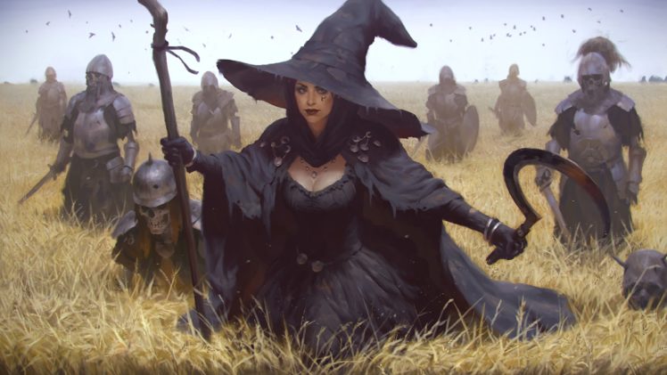 necromancers, Witch, Staff, Sickle, Skeleton, Wheat, Crow, Fantasy art, Armor HD Wallpaper Desktop Background