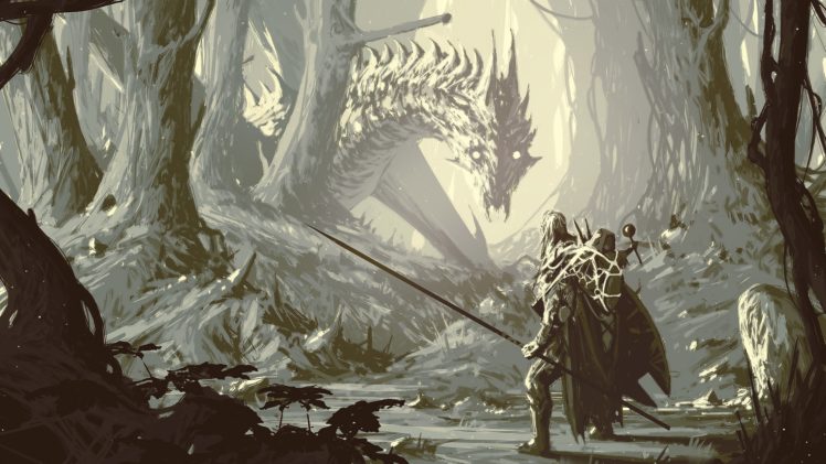 dragon, Wyvern, Spear, Forest, Monochrome, Fantasy art, Mist HD Wallpaper Desktop Background