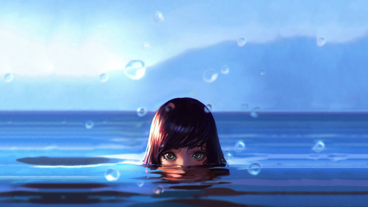women, Green eyes, Water drops, Sea, Digital art, Wet HD Wallpaper Desktop Background