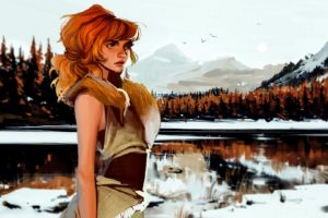 women, Redhead, Freckles, Artwork, Nature, Trees, Forest, Snow, Winter, Lake
