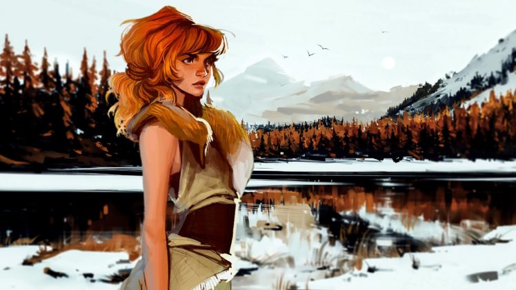 women, Redhead, Freckles, Artwork, Nature, Trees, Forest, Snow, Winter, Lake HD Wallpaper Desktop Background