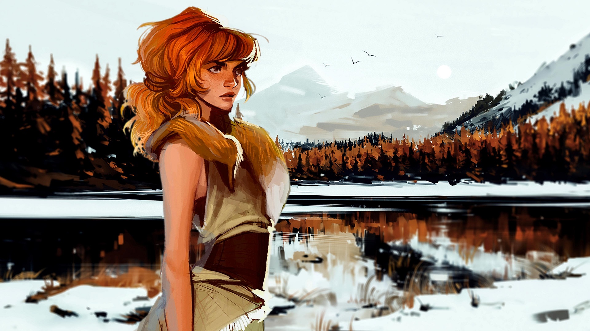 women, Redhead, Freckles, Artwork, Nature, Trees, Forest, Snow, Winter, Lake Wallpaper