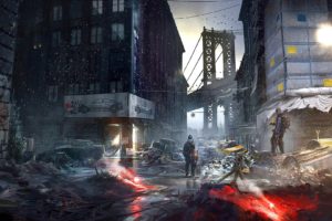 video games, Artwork, Digital art, Street, Car, Bridge, New York City, City, Snow, Birds, Wheels, Trash, Tom Clancys The Division