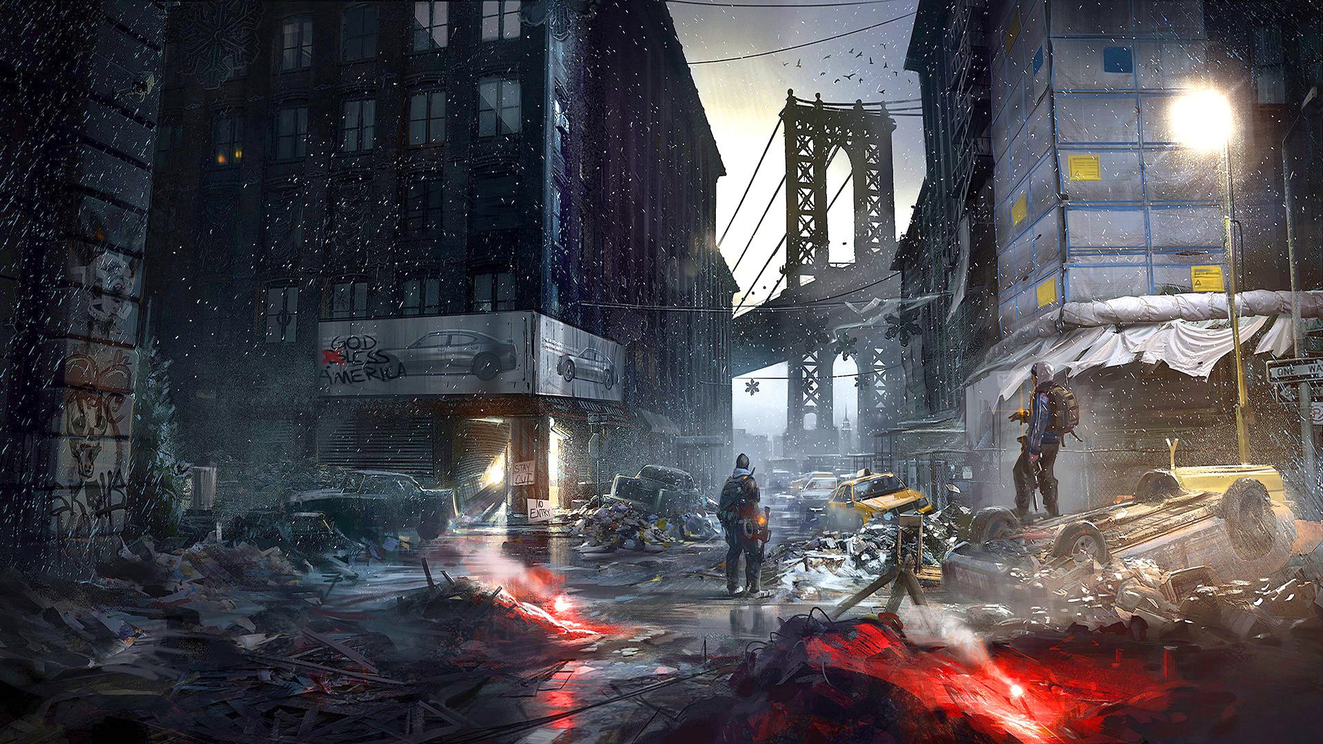 video games, Artwork, Digital art, Street, Car, Bridge, New York City, City, Snow, Birds, Wheels, Trash, Tom Clancys The Division Wallpaper