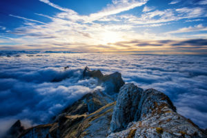 landscape, Horizon, Clouds, Sunrise, Mountain top, Switzerland, Saentis Mountain, Mountains, Sun rays