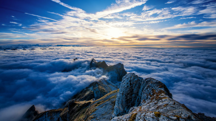 landscape, Horizon, Clouds, Sunrise, Mountain top, Switzerland, Saentis Mountain, Mountains, Sun rays HD Wallpaper Desktop Background