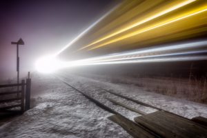 night, Winter, Railway, Train, Lights, Long exposure