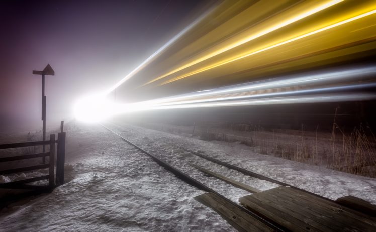night, Winter, Railway, Train, Lights, Long exposure HD Wallpaper Desktop Background
