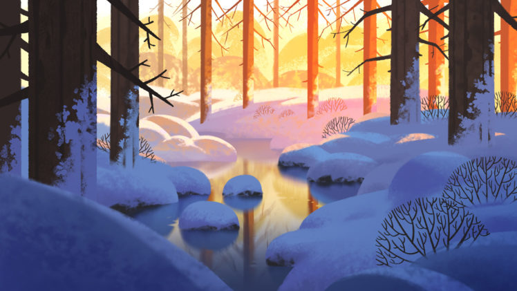 Ture Ekroos, Landscape, Winter, Lake, Water, Evening, Trees, Snow, Drawing HD Wallpaper Desktop Background