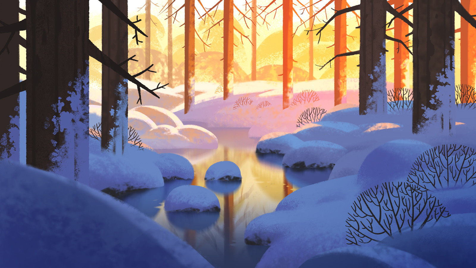 Ture Ekroos, Landscape, Winter, Lake, Water, Evening, Trees, Snow, Drawing Wallpaper