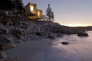 architecture, Modern, Nature, Landscape, House, Trees, Stones, Portrait display, Water, Sunrise, Lights, Cube, Nova Scotia, Canada