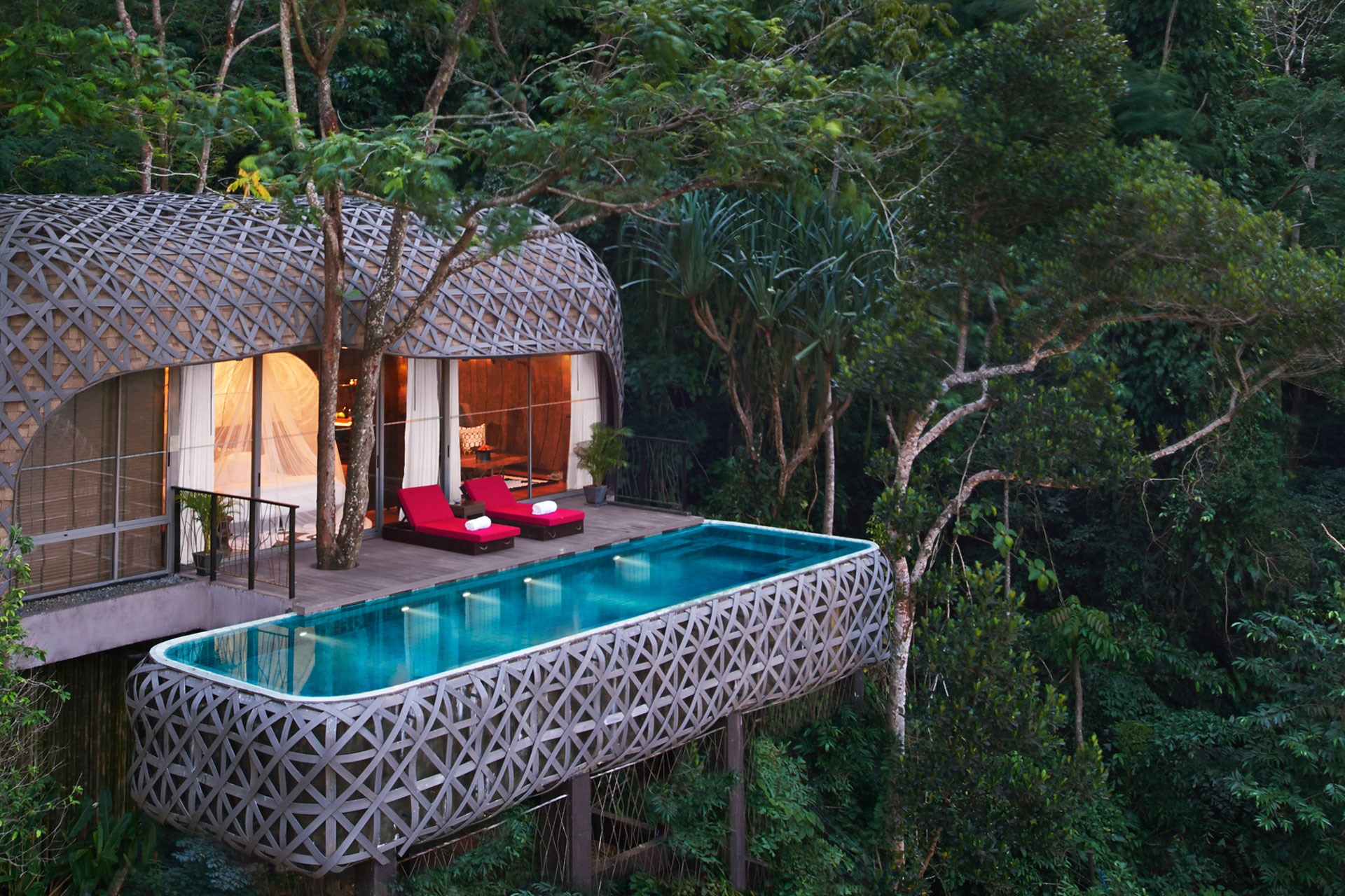 architecture, Modern, Nature, Landscape, House, Trees, Jungle, Thailand, Rainforest, Swimming pool, Lights Wallpaper