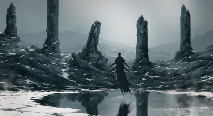Four Arms, Snow, Demon, Reflection, Cold, Water, Rocks, Monochrome, Winter HD Wallpaper Desktop Background