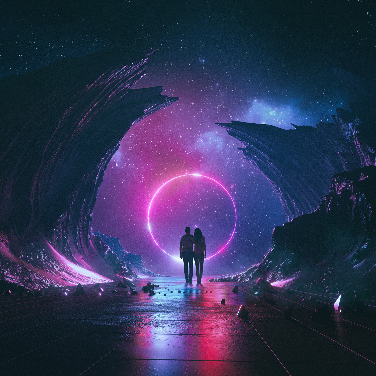 couple, Beeple, Digital art, 3D, Neon, Ravine, ImagineDragons Wallpaper