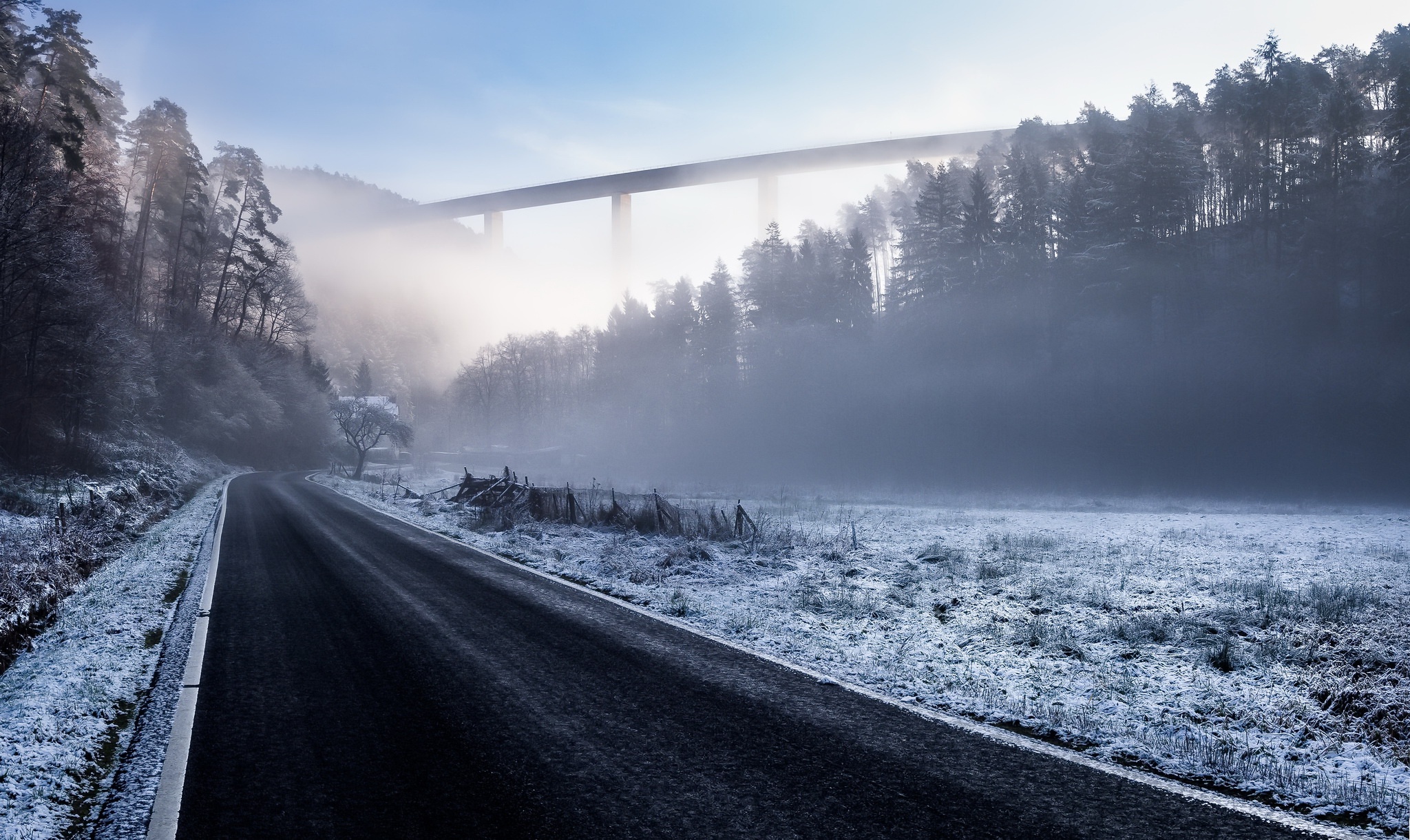 road, Landscape, Mist, Winter Wallpaper